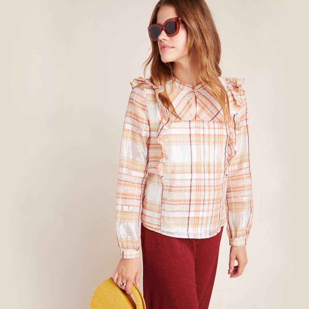 Anthropologie Current Air Polly Ruffled Peasant Plaid Blouse